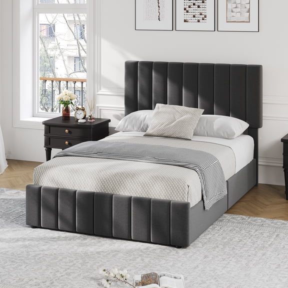 FULL Bed Frame, Adjustable Height Headboard, Wooden Slats Support, with 4 Storage Drawers, No Box Spring Needed, Easy to Assembly