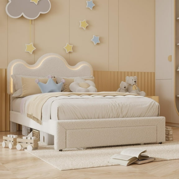 Full Bed Frame with Adjustable Upholstered Headboard, Platform Bed Frame with Storage Drawers Princess Bed Frame , White