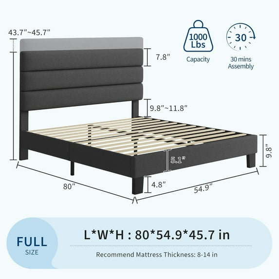 FULL Bed Frame Platform Bed with Adjustable Headboard, Linen Fabric Upholstered and Wooden Slats Support, Heavy Duty Mattress Foundation, No Box Spring Needed, Easy Assembly, Grey
