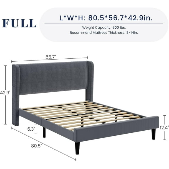 FULL Bed Frame with Headboard, Upholstered Bed Frame with Wood Slats, Sturdy Support Feet, No Box Spring Needed, Easy Assembly, Dark Gray