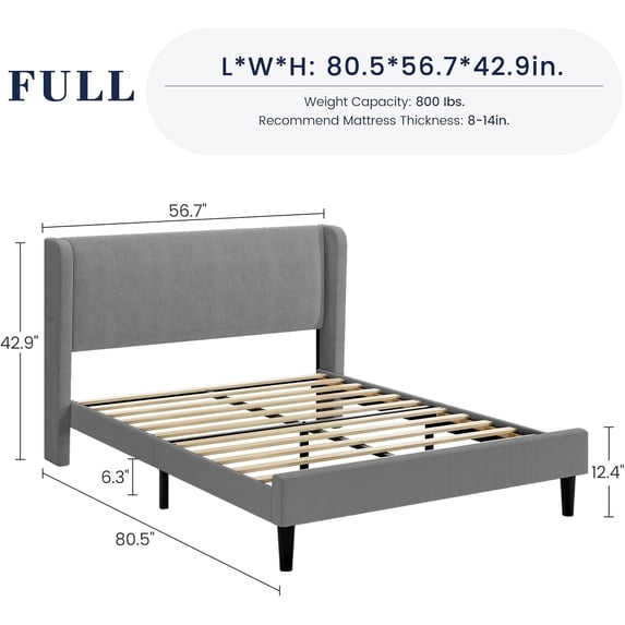 FULL Bed Frame with Headboard, Upholstered Bed Frame with Wood Slats, Sturdy Support Feet, No Box Spring Needed, Easy Assembly, Light Gray