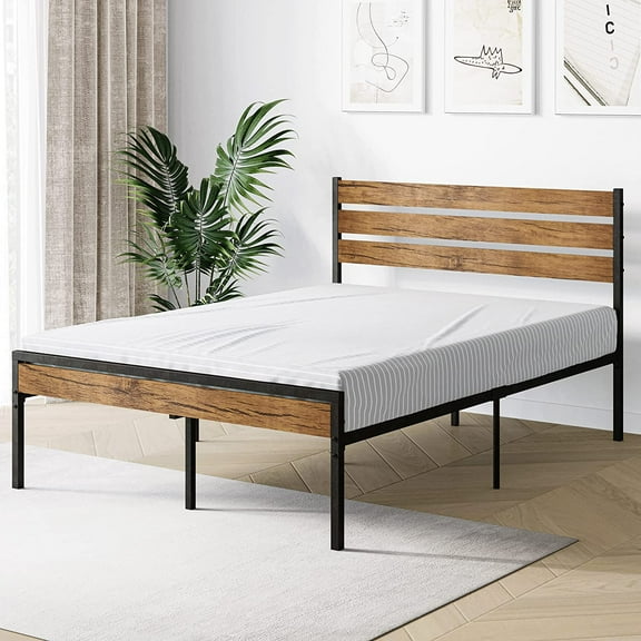 FULL Bed Frame with Wood Headboard and Metal Slats Support Platform Bed Frame with Storage No Box Spring Needed