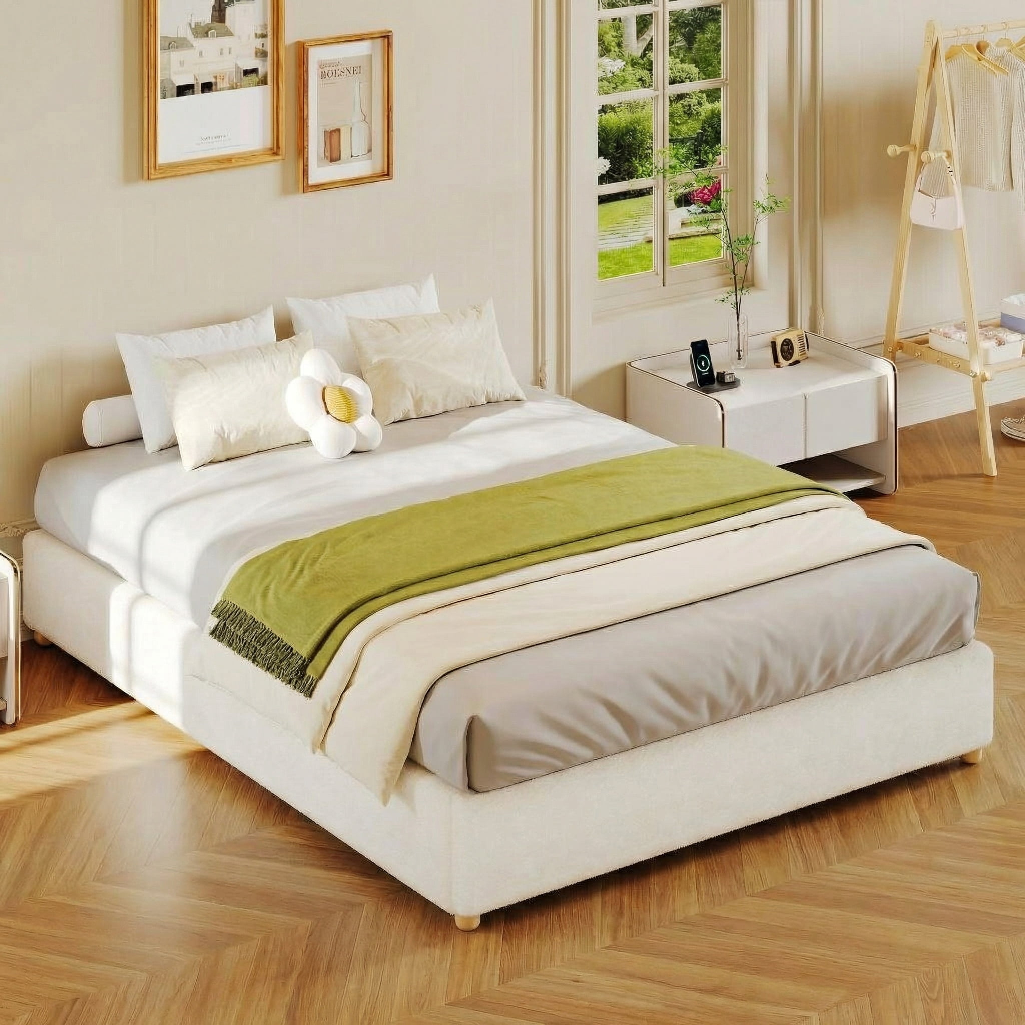 FULL Cloud Bed Frame. Teddy Fleece Upholstered Platform Bed with  Wood Legs, No Box Spring, Easy Assembly