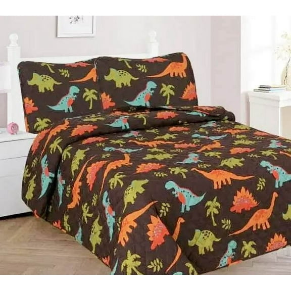 FULL DINOSAUR NAVY Kids Coverlet Bedspread Quilted Set with Pillow Shams