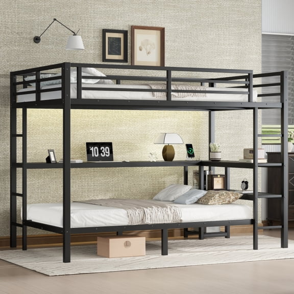 FULL Over Twin Bunk Bed with Desk and Shelves, Multiple Placement, with LED and USB, Black