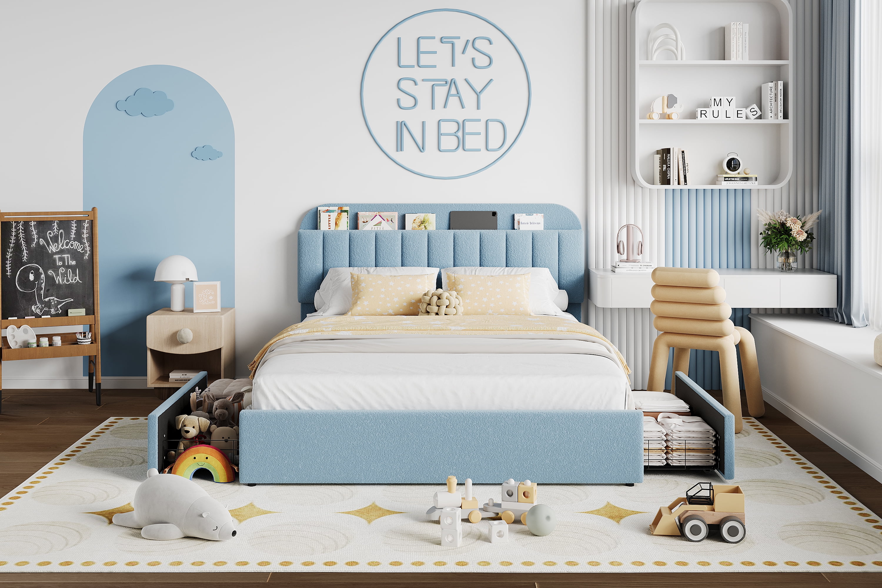 FULL Platform Bed with Bookcase Headboard & Drawers – Modern Boucle Upholstered Frame, No Box Spring, Easy Assembly Bedroom Furniture