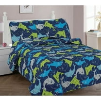 FULL SHARK BLUE Kids Coverlet Bedspread Quilted Set with Pillow Shams