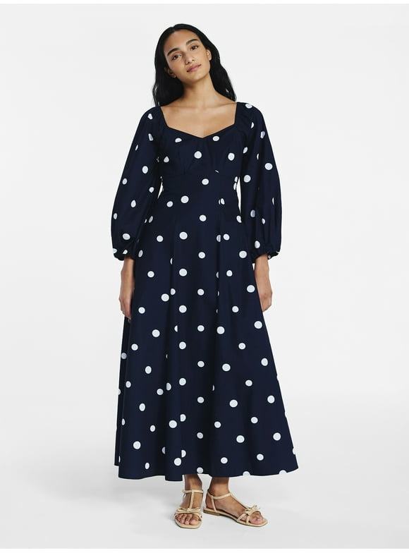 Women's and Women's Plus Cotton Polka Dot Maxi Dress with Puff Sleeves, Size-XS-4X