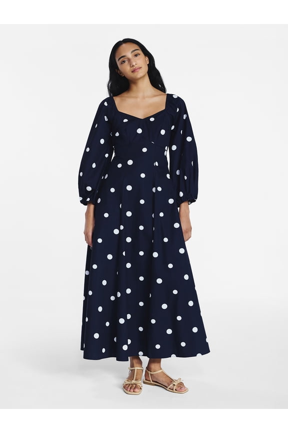 Women's and Women's Plus Cotton Polka Dot Maxi Dress with Puff Sleeves, Size-XS-4X