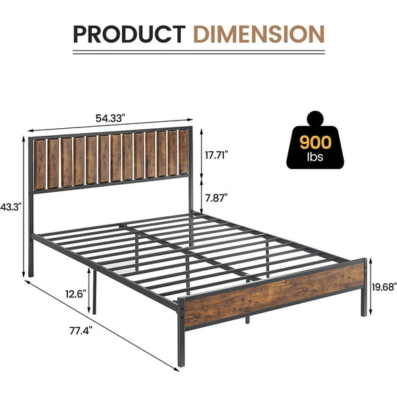 FULL Size Bed Frame, Metal Bed Frame with Stylish Headboard and Footboard, Heavy Duty Platform Bed Frame with Under Bed Storage, All-Metal Support System Bed Frame, No Box Spring Needed, Retro