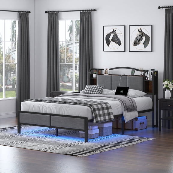 WANTAI Full Upholstered Platform Bed Frame with LED Lights and Charging Station