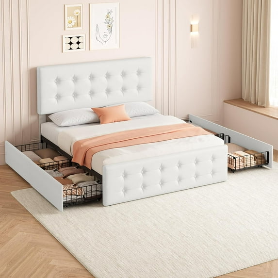 FULL Storage Bed Frame with Adjustable Headboard - 4 Drawers, Upholstered Platform, No Box Spring Needed, Noise-Free, Beige