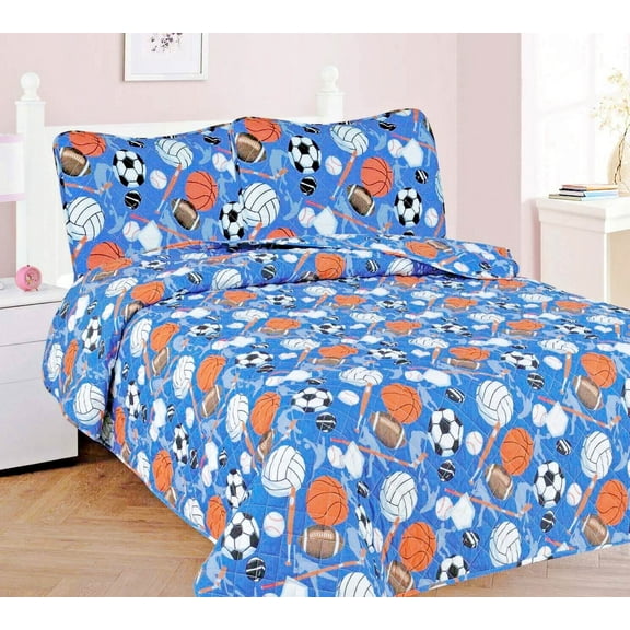 FULL TRUCKS Kids Coverlet Bedspread Quilted Set with Pillow Shams
