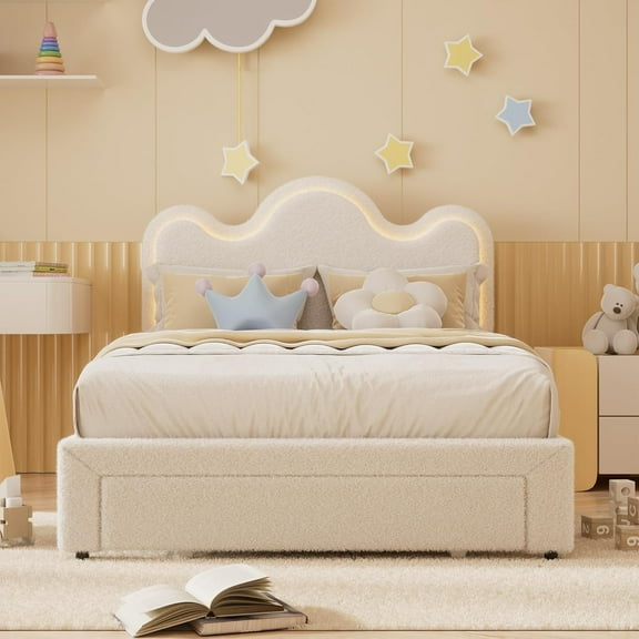 FULL Upholstered LED Bed Frame with Storage Drawers Bed with flower Headboard Lamb Velvet Princess Platform Bed Frame for / Strong Wood Slat Support,No Box Spring Needed,Easy Assembly