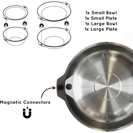 FULL WiNDSOR - MAGWARE Magnetic Bowls and Plates Set for Camping, Backpacking, Picnic, RV, Outdoor Dining - 4-Piece Stainless Steel Mess Kit