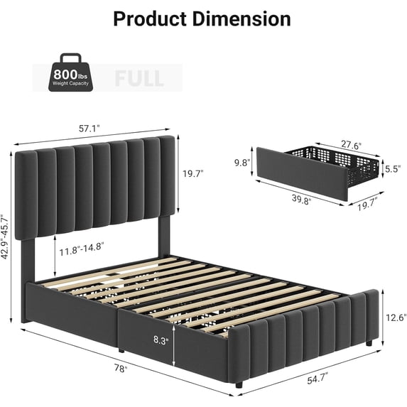 FULL size Vertical Soft-Covered Plastic Drawer Bed, Adjustable Height Headboard, Large Bed Frame with Storage Space, Gray Bed Frame with Drawers