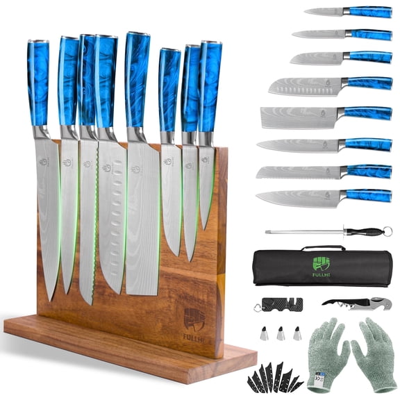 FULLHI 15pcs Japanese Chef Knife Block Set with Magnetic Knife Block Holder, Premium German Stainless Steel Kitchen Knife Set