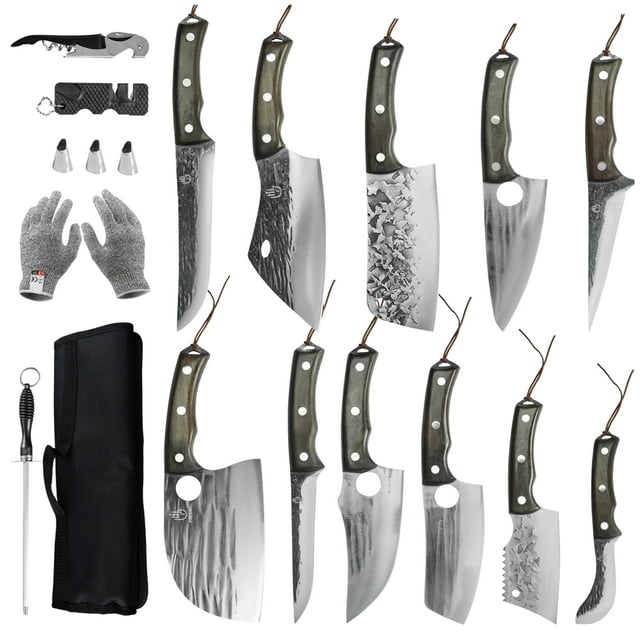 FULLHI 17pcs High Carbon Steel Chef Knife Set, Full Tang, BBQ, Camping