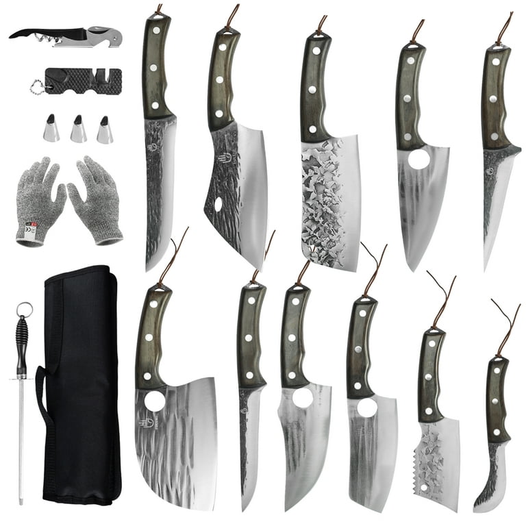 FULLHI 17pcs Butcher Knife Set include sheath High Carbon Steel Cleaver  Kitchen Chef Knife Set Whole Tang Vegetable Cleaver Home BBQ Camping with