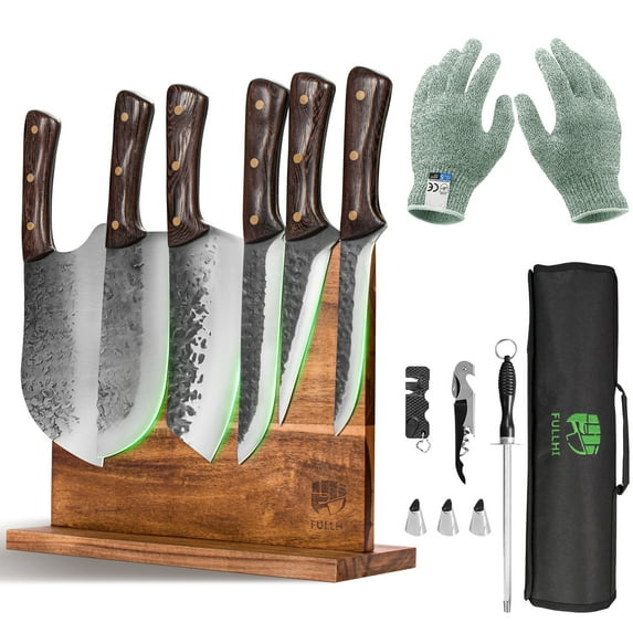 FULLHI Butcher Knife Set, High Carbon Steel Hand Forged Boning Carving Knife With Sheath For Kitchen, Camping, BBQ,Magnetic Holder 13Pcs Block Knife Set