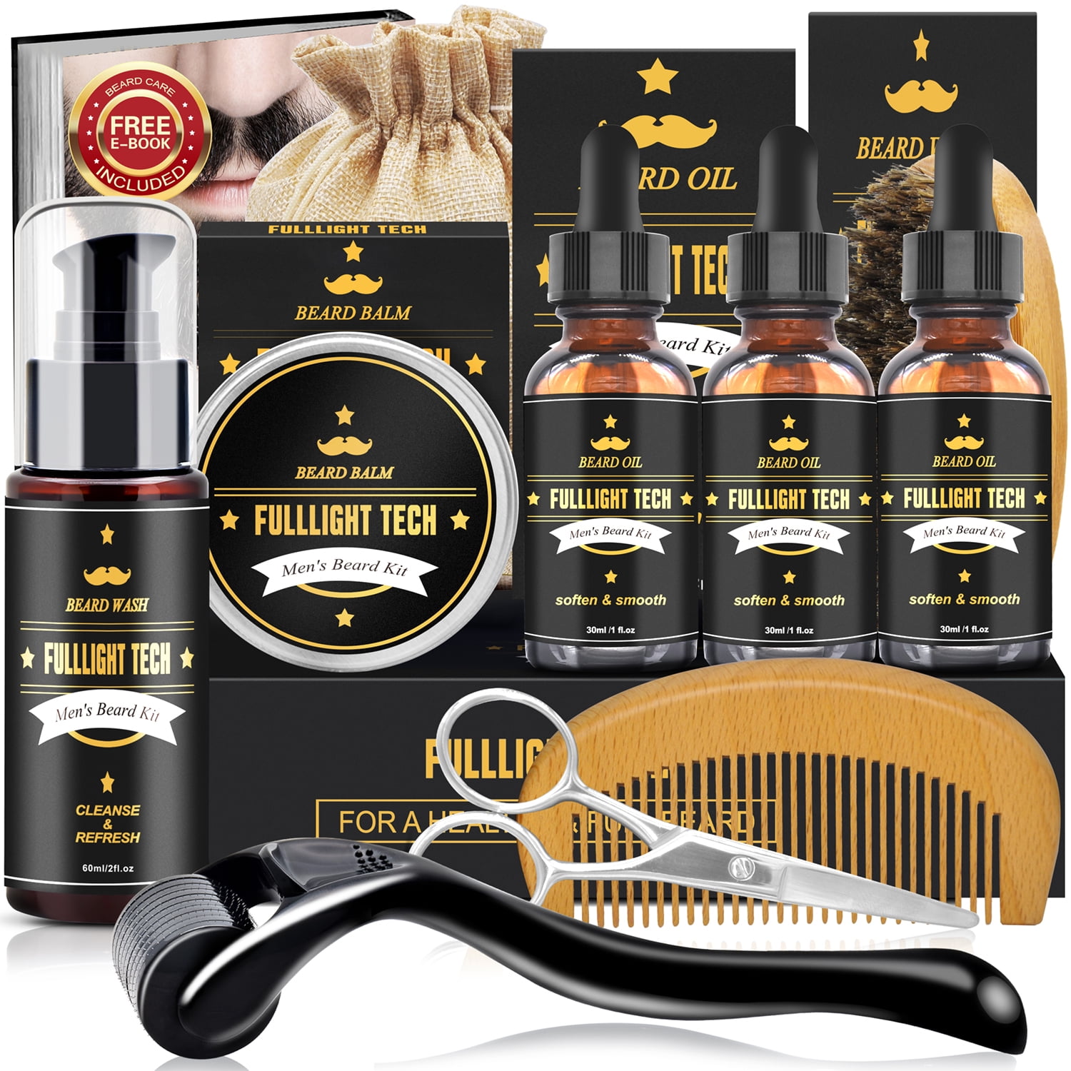 FULLLIGHT TECH Beard Kit for Men Grooming & Care -100% Pure & Organic Beard Growth Kit-W/Beard Wash/Shampoo,3 Packs Beard Growth Oil,Beard Balm Leave-in Conditioner,Beard Comb,Beard Brush,Beard Scisso