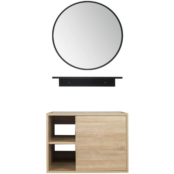FULLWATT Wall Mounted Bathroom Vanity, Side Shelves with Round Mirror, Natural Color