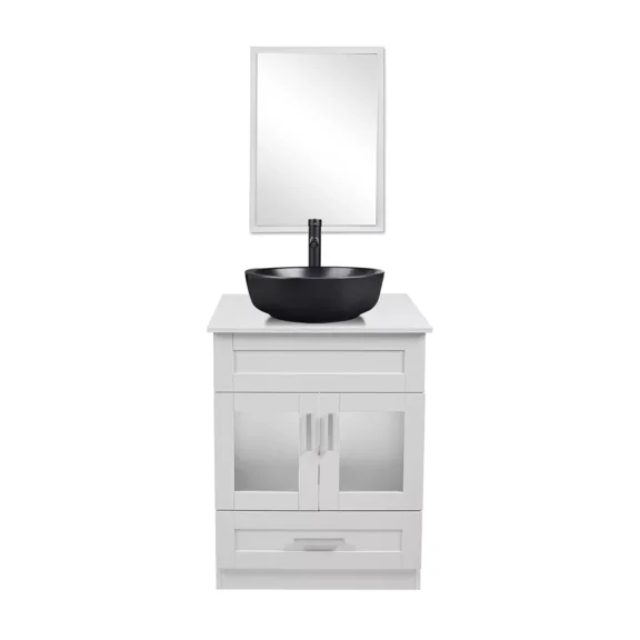 FULLWATT 24" Bathroom Vanity Black Cabinet Mirror Set with Ceramic Vessel Sink Bowl Faucet