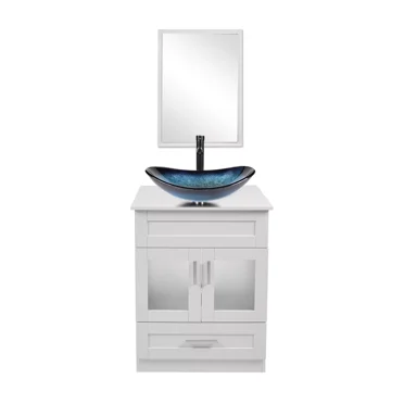 FULLWATT 24" Bathroom Vanity Black Cabinet Mirror Set with Ceramic Vessel Sink Bowl Faucet