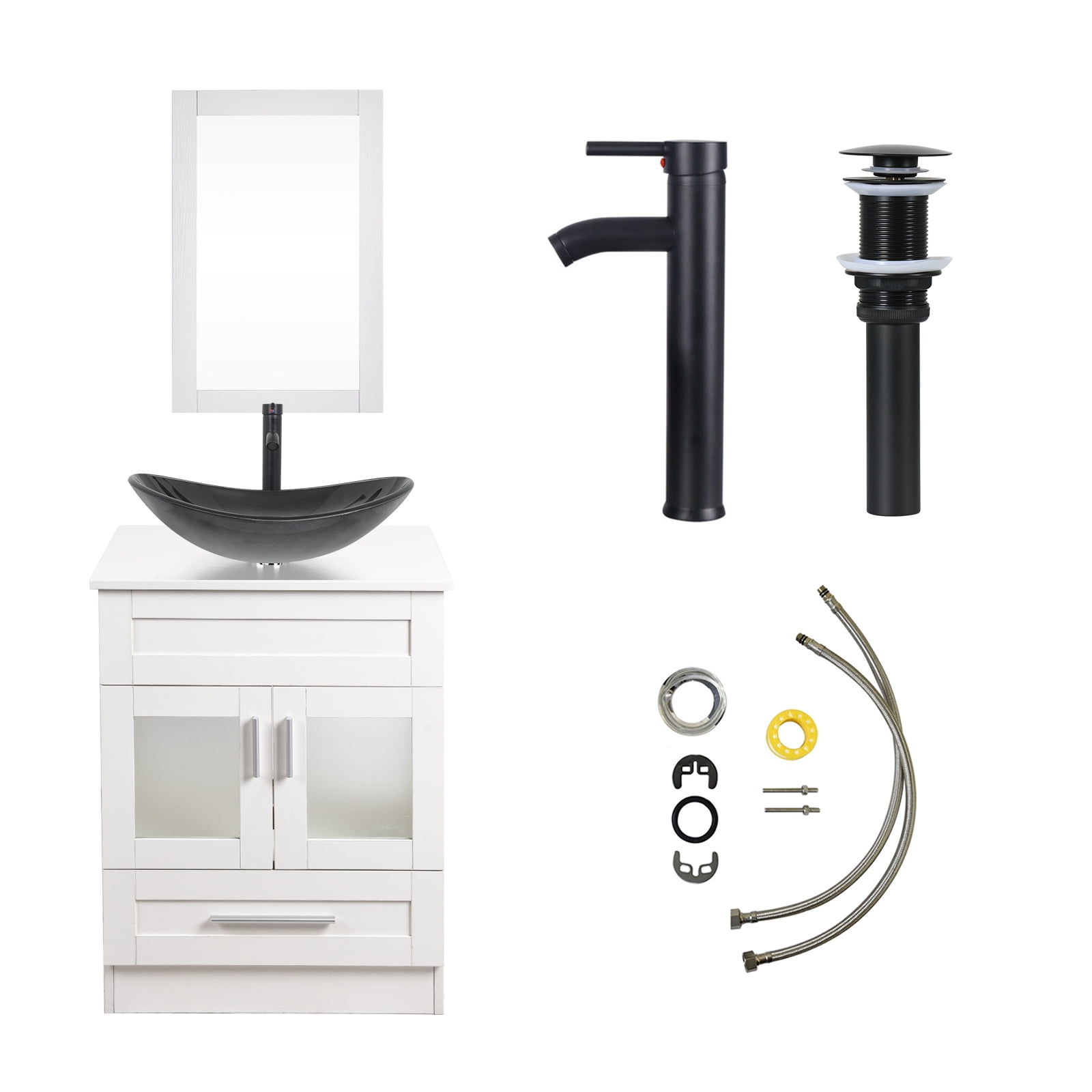 FULLWATT 24 Inch Bathroom Vanity Set White Cabinet Vessel Sink Faucet ...