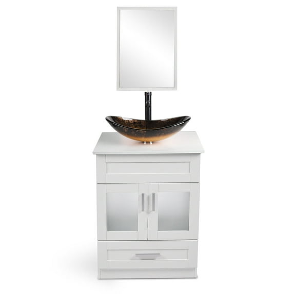 FULLWATT 24 Inch Bathroom Vanity Set White Cabinet Vessel Sink Faucet Combo Mirror Drawers