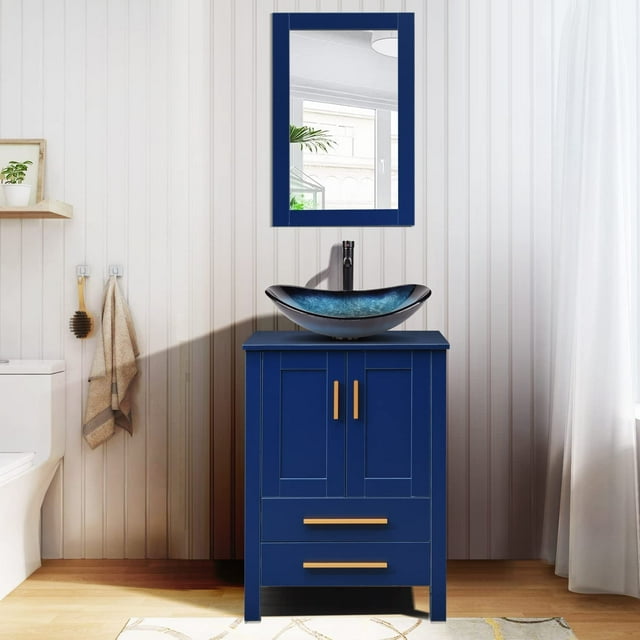 FULLWATT 24 Inch Bathroom Vanity and Sink Combo Blue Modern Wood Fixture Stand Pedestal