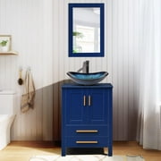 FULLWATT 24 Inch Bathroom Vanity and Sink Combo Cabinet Blue Modern Wood Fixture Stand Pedestal Vanities Set with Mirror