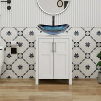 FULLWATT 24 Inches Bathroom Vanity in White Finish with Glass Boat-Shaped Vessel Sink, Single Bathroom Vanity with Top, 2-Door Cabinet