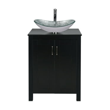 FULLWATT 24 Inches Traditional Bathroom Vanity Set in Black Finish, Single Bathroom Vanity with Top and 2-Door Cabinet, Brown Glass Sink Top with Single Faucet Hole