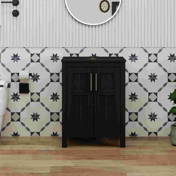 FULLWATT 24 Inches Traditional Bathroom Vanity in Black Finish, Single Bathroom Vanity with Top and 2-Door Cabinet