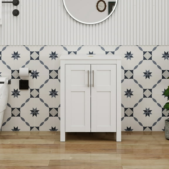 FULLWATT 24 Inches Traditional Bathroom Vanity in White Finish, Single Bathroom Vanity with Top and 2-Door Cabinet