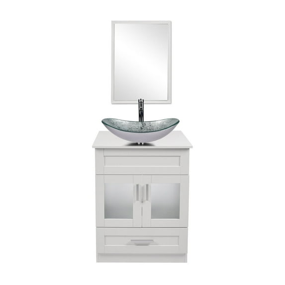FULLWATT 24" Vanity Bathroom Cabinet with Mirror and Vessel Sink Bowl Faucet Combo Set