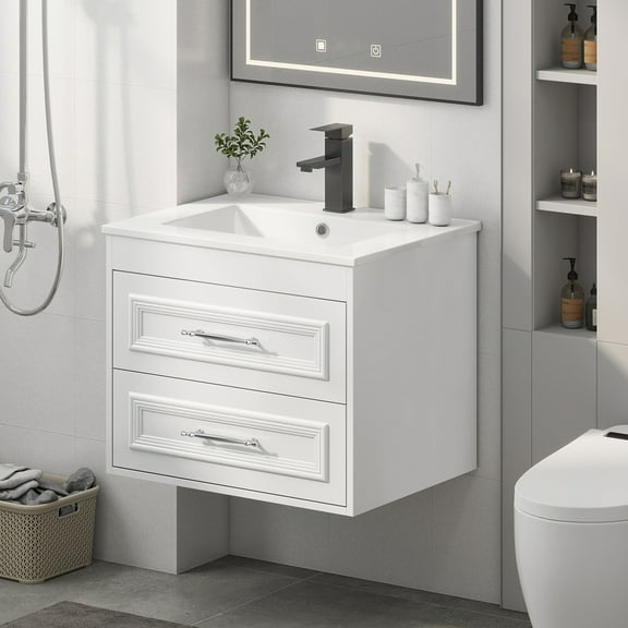 FULLWATT 24" White Single Bathroom Vanity Set - Floating Wall Mounted Cabinet, Modern Style Vanity Combo (Faucet Not Included)