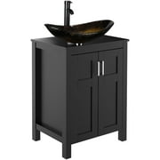 FULLWATT 24 Inches Traditional Bathroom Vanity Set in Black Finish, Single Bathroom Vanity with Top and 2-Door Cabinet, Brown Glass Sink Top with Single Faucet Hole