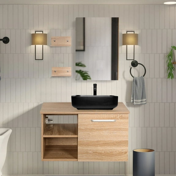 FULLWATT 28 Inch Modern Bathroom Vanity Set with Mirror Wall Mount Wood Color Cabinet Glass Sink Chrome Faucet and Pop Up Drain