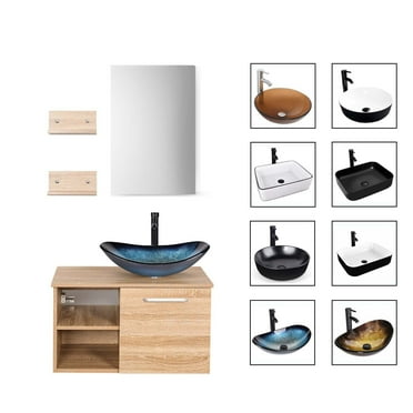FULLWATT 28 Inch Modern Bathroom Vanity Set with Mirror Wall Mount Wood Color Cabinet Glass Sink Chrome Faucet and Pop Up Drain