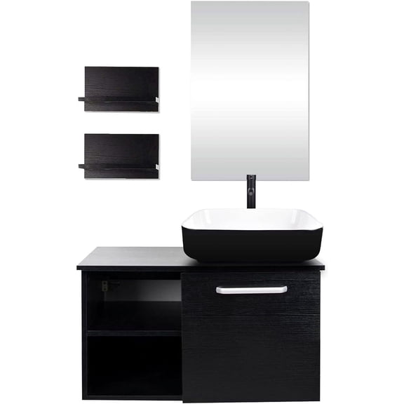FULLWATT 28 Inch Wall Mounted Bathroom Vanity and Sink Combo with Mirror and 1.5GPM Water Saving Faucet and Pop-up Drain Set Modern Lavatory Floating Vanity with Counter Top Sink