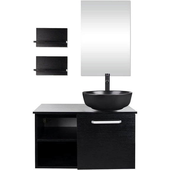 FULLWATT 28 Inch Wall Mounted Bathroom Vanity and Sink Combo with Mirror and 1.5GPM Water Saving Faucet and Pop-up Drain Set Modern Lavatory Floating Vanity with Counter Top Sink