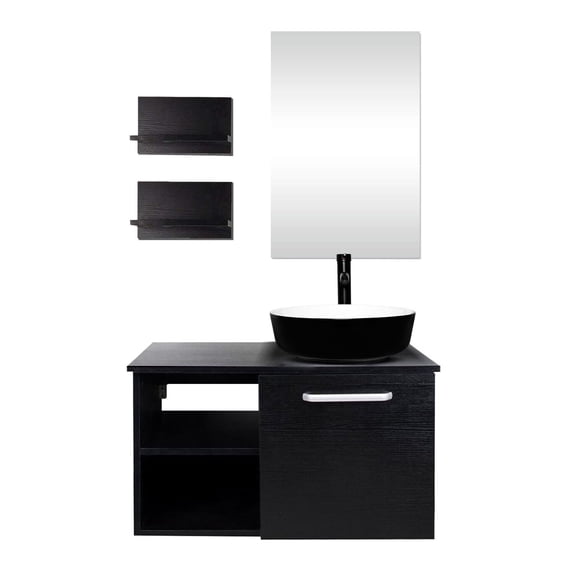 FULLWATT 28 Inch Wall Mounted Bathroom Vanity and Tempered Glass Sink Combo with Mirror and ORB 1.5GPM Water Saving Faucet and Pop Up Drain Set Modern Toilet Floating Vanity with Countertop Sink