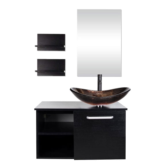 FULLWATT 28 Inch Wall Mounted Bathroom Vanity and Tempered Glass Sink Combo with Mirror and ORB 1.5GPM Water Saving Faucet and Pop Up Drain Set Modern Toilet Floating Vanity with Countertop Sink