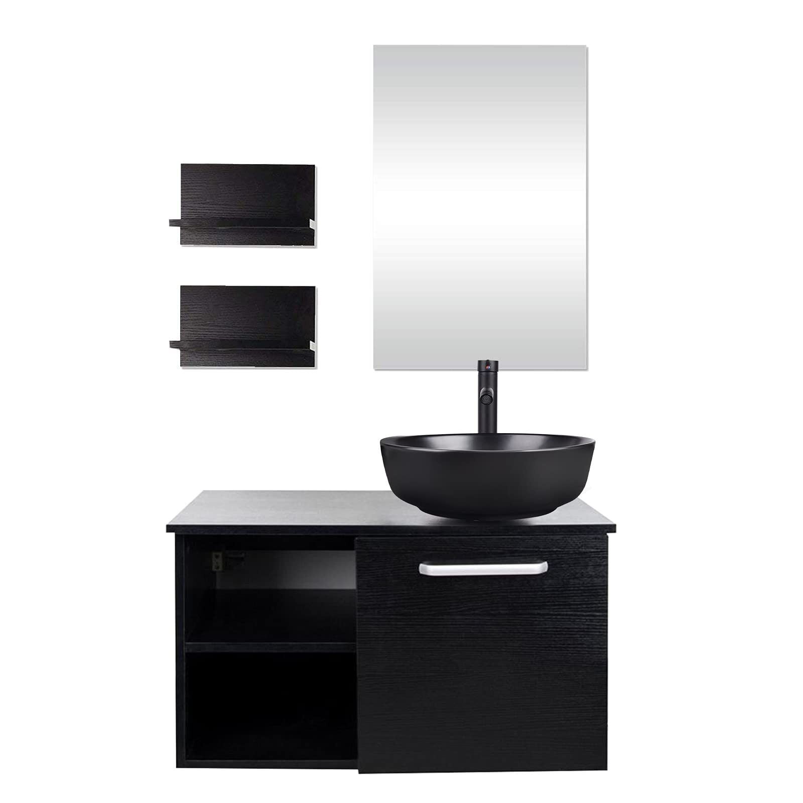 FULLWATT 28 Inch Wall Mounted Bathroom Vanity and Tempered Glass Sink ...