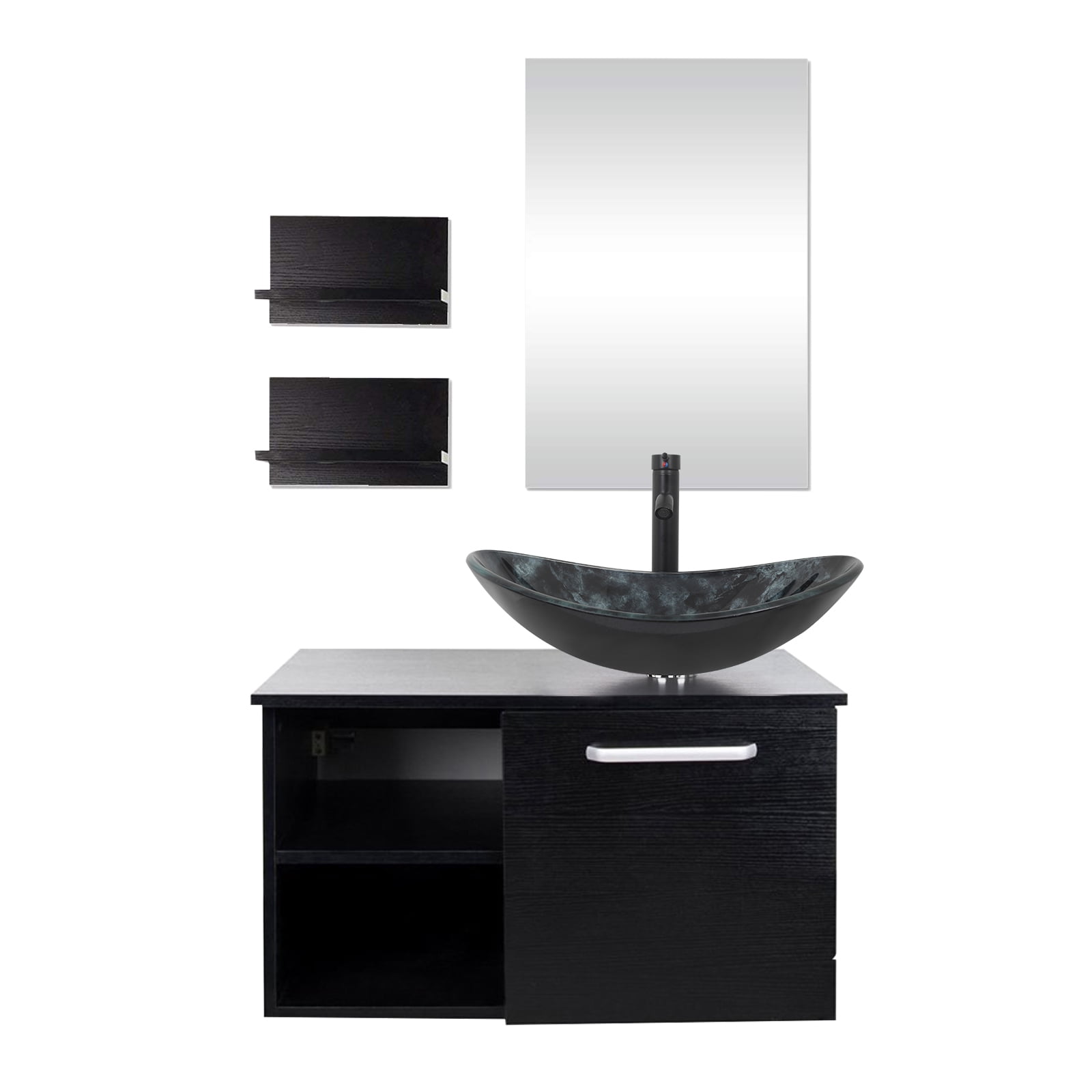 FULLWATT 28 Inch Wall Mounted Bathroom Vanity and Tempered Glass Sink Combo with Mirror and ORB 1.5GPM Water Saving Faucet and Pop Up Drain Set Modern Toilet Floating Vanity with Countertop Sink
