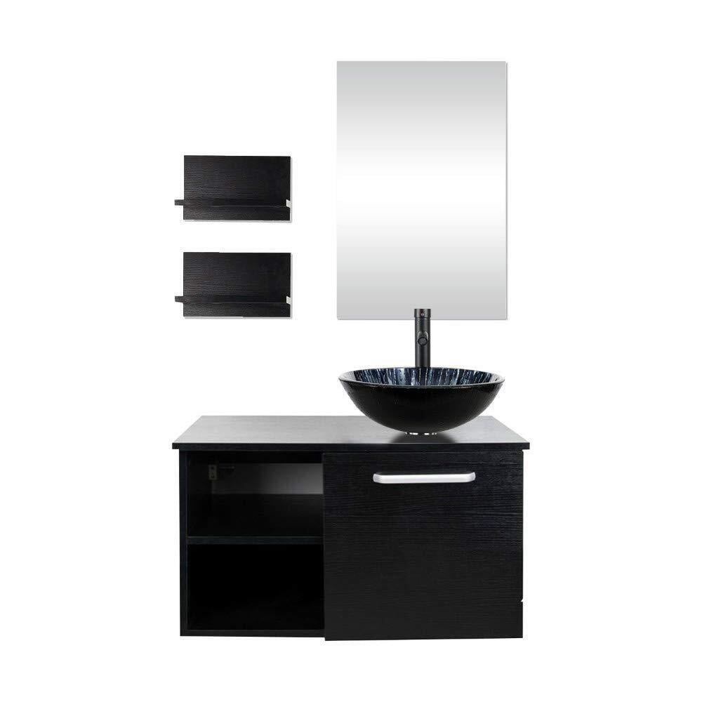 FULLWATT 28 Inch Wall Mounted Bathroom Vanity and Tempered Glass Sink
