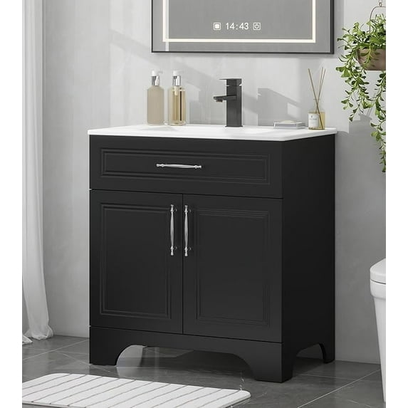 FULLWATT 30" Bathroom Vanity with Sink Combo, Modern Bathroom Storage Cabinet Set with Tip-Out Drawer and 2 Soft Closing Door,without Sink, Matte Black Faucet Drain, Black