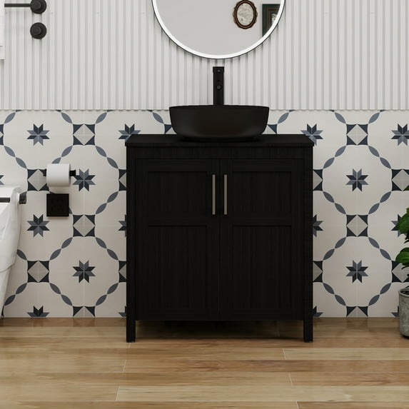 FULLWATT 30 Inches Bathroom Vanity in Black Finish with Round Ceramic Vessel Sink, Single Bathroom Vanity with Top, 2-Door Cabinet